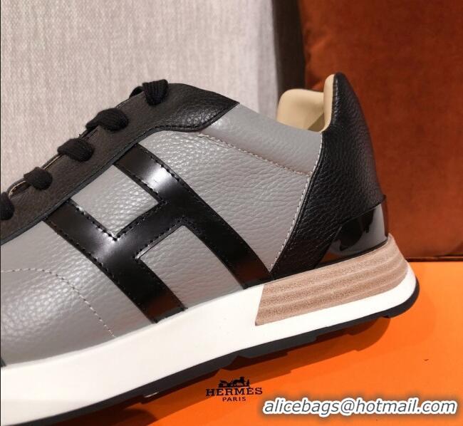 Top Design Hermes Avantage Leather Sneakers 040969 Black/Grey