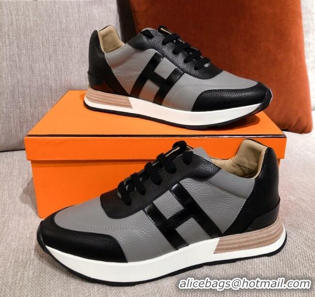 Top Design Hermes Avantage Leather Sneakers 040969 Black/Grey