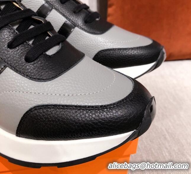 Top Design Hermes Avantage Leather Sneakers 040969 Black/Grey