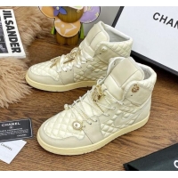 Perfect Chanel x Nike Air Jordan Calfskin High-Top Sneakers with Pearl and Silk Laces 012563 Apricot 2021