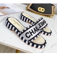 Perfect Chanel Canvas Striped Slide Sandals G34826 Silver 2021