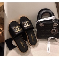 Good Quality Chanel Metal CC Leather Slide Sandals G34826 Black 2021