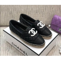 Duplicate Chanel Quilted Lambskin Flat Espadrilles with White CC 022445 Black 2021