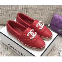 Top Quality Chanel Quilted Lambskin Flat Espadrilles with White CC 022445 Red 2021