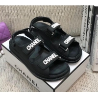 New Style Chanel Leather Strap Flat Sandals with White CHANEL Charm G35927 Black 2021