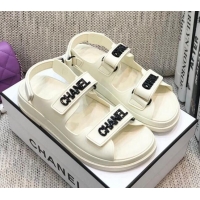 Custom Chanel Leather Strap Flat Sandals with Black CHANEL Charm G35927 White 2021