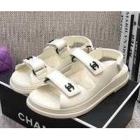 Low Price Chanel Leather Strap Flat Sandals with Black CC Charm G35927 White 2021