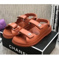 Popular Chanel Leather Strap Flat Sandals with White CC Charm G35927 Brown 2021