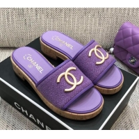 Top Grade Chanel Metal CC Tweed Slide Sandals G34826 Purple 2021