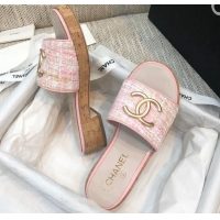 Good Quality Chanel Metal CC Tweed Slide Sandals G34826 Light Pink 2021