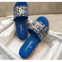 Perfect Chanel Metal CC Tweed Slide Sandals G34826 Royal Blue 2021