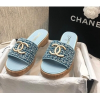 Best Product Chanel Metal CC Tweed Slide Sandals G34826 Light Blue 2021