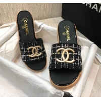 Low Price Chanel Metal CC Tweed Slide Sandals G34826 Black 2021