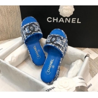  Grade Quality Chanel Embroidered CC Tweed Slide Sandals G34826 Royal Blue 2021