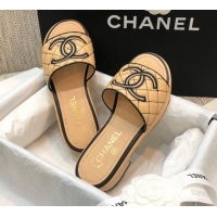 Cheap Chanel Embroidered CC Leather Slide Sandals G34826 Beige 2021