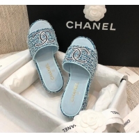 Good Quality Chanel Embroidered CC Tweed Slide Sandals G34826 Light Blue 2021