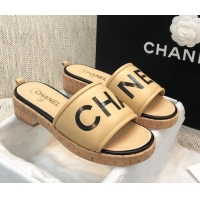 Good Quality Chanel Leather Slide Sandals G34826 Beige/Black 2021