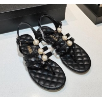 Luxurious Chanel Lambskin Pearl Charm Flat Thong Sandals 030887 Black 2021