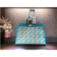 Good Product FENDI PEEKABOO X-TOTE FF raffia bag 8BH374A light blue