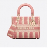 Buy Cheap DIOR MEDIUM LADY D-LITE BAG Pink D-Stripes Embroidery M0565