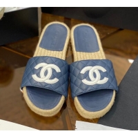 Top Grade Chanel CC Quilted Lambskin Espadrille Slide Sandals 031065 Navy Blue 2021