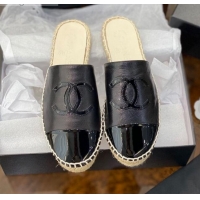 Custom Chanel CC Shiny Lambskin Espadrille Slide Sandals 031076 Black 2021