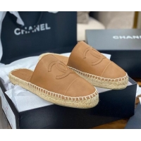 Super Quality Chanel CC Shiny Lambskin Espadrille Slide Sandals 031078 Light Brown