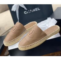 Good Product Chanel CC Shiny Lambskin Espadrille Slide Sandals 031082 Beige 2021