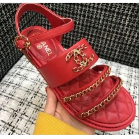 Lower Price Chanel Calfskin Chain Flat Sandals 031145 Red 2021