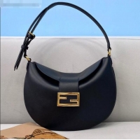 Buy Cheapest Fendi Small Croissant Leather Hobo Bag FD2205 Black 2021