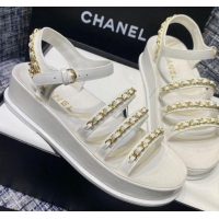 Stylish Chanel Calfskin Chain Strap Flat Sandals G37140 White 2021