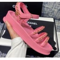 Top Grade Chanel Calfskin Chain Strap Flat Sandals G37140 Pink 2021