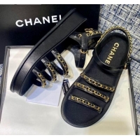 Pretty Style Chanel Calfskin Chain Strap Flat Sandals G37140 Black 2021