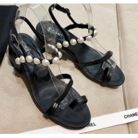 Cheap Design Chanel Lambskin Pearl Sandals G37272 Black 2021