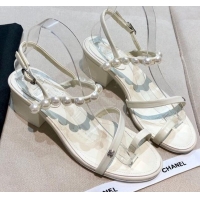 Low Cost Chanel Lambskin Pearl Sandals G37272 White 2021