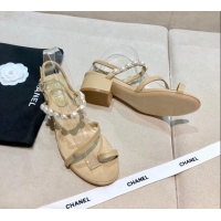 New Fashion Chanel Lambskin Pearl Sandals G37272 Apricot 2021