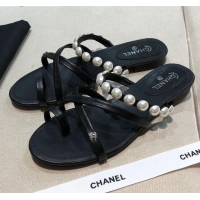 Best Price Chanel Lambskin Pearl Flat Slide Sandals G37274 Black 2021