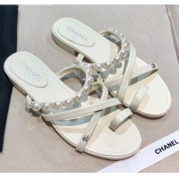 Modern Chanel Lambskin Pearl Flat Slide Sandals G37274 White 2021