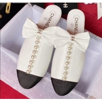 Lower Price Chanel Wax Calfskin Flat Mules with Pearl and Bow White 331100