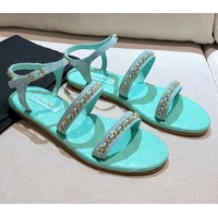 New Style Chanel Leather Chain Flat Sandals G36934 Blue 2021