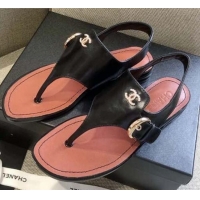 Super Quality Chanel Calfskin Buckle Thong Sandals 040822 Black 2021