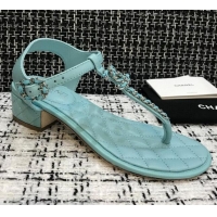 Unique Style Chanel Leather Heel Thong Sandals with Chain Charm 040895 Light Blue