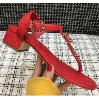 Charming Chanel Leather Heel Thong Sandals with Chain Charm 040895 Red