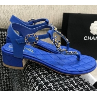 Best Product Chanel Leather Heel Thong Sandals with Chain Charm 040895 Royal Blue