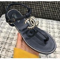 Good Looking Chanel Lambskin Flat Thong Sandals with Chain CC 040899 Dark Blue 2021