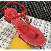 Popular Style Chanel Lambskin Flat Thong Sandals with Chain CC 040899 Red 2021