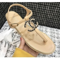 Refined Chanel Lambskin Flat Thong Sandals with Chain CC 040899 Beige 2021