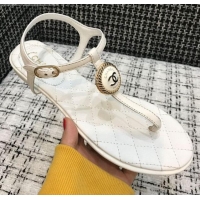 Luxurious Chanel Lambskin Flat Thong Sandals with Button Charm 408104 White