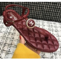 Custom Chanel Lambskin Flat Thong Sandals with Button Charm 408104 Burgundy