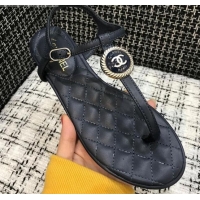 Most Popular Chanel Lambskin Flat Thong Sandals with Button Charm 408104 Dark Blue